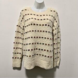 LOFT Cream Crew Neck Metallic Striped Sweater with Knit Texture